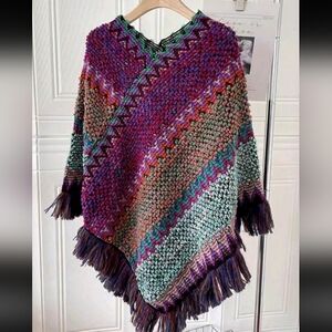 Vibrant Chevron Knit Poncho With Fringes